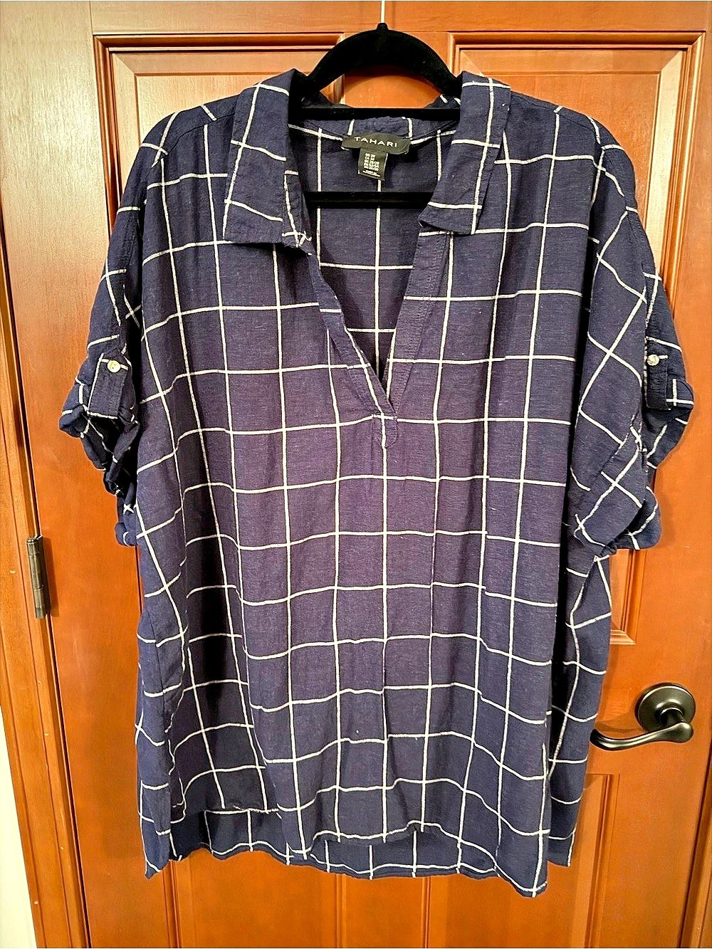 Tahari Plaid Linen Blend Blouse in Blue & White Size 3X
